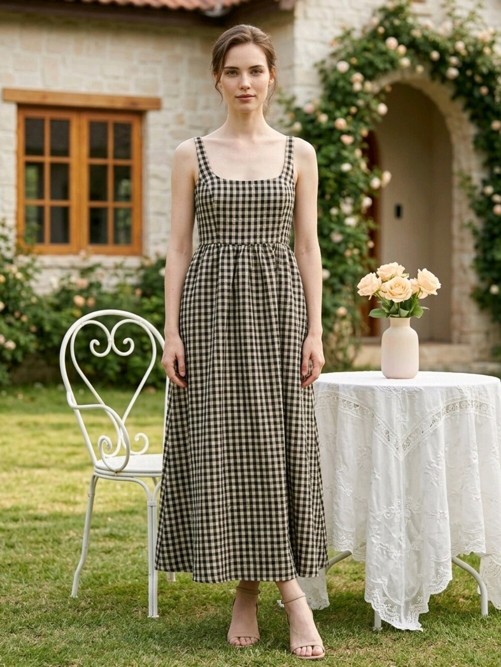 Princess Polly Plaid Check Gingham Cotton Maxi Dress Tan Black 6 Nwt - Picture 11 of 11